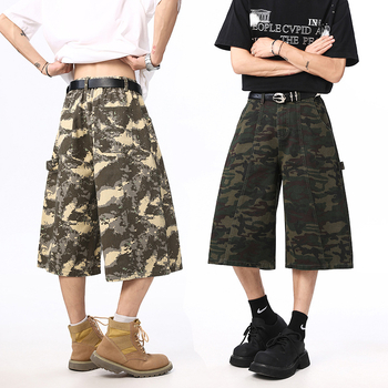 Traperice u američkom retro uličnom stilu s camo uzorkom drvosječe, unisex, cropped ravne hlače, srednji pojas, zatvarač