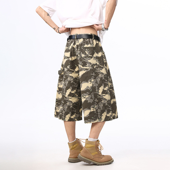 Traperice u američkom retro uličnom stilu s camo uzorkom drvosječe, unisex, cropped ravne hlače, srednji pojas, zatvarač