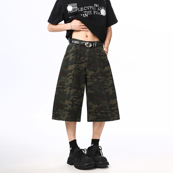 Traperice u američkom retro uličnom stilu s camo uzorkom drvosječe, unisex, cropped ravne hlače, srednji pojas, zatvarač