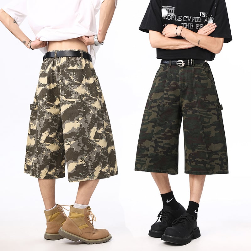 Traperice u američkom retro uličnom stilu s camo uzorkom drvosječe, unisex, cropped ravne hlače, srednji pojas, zatvarač