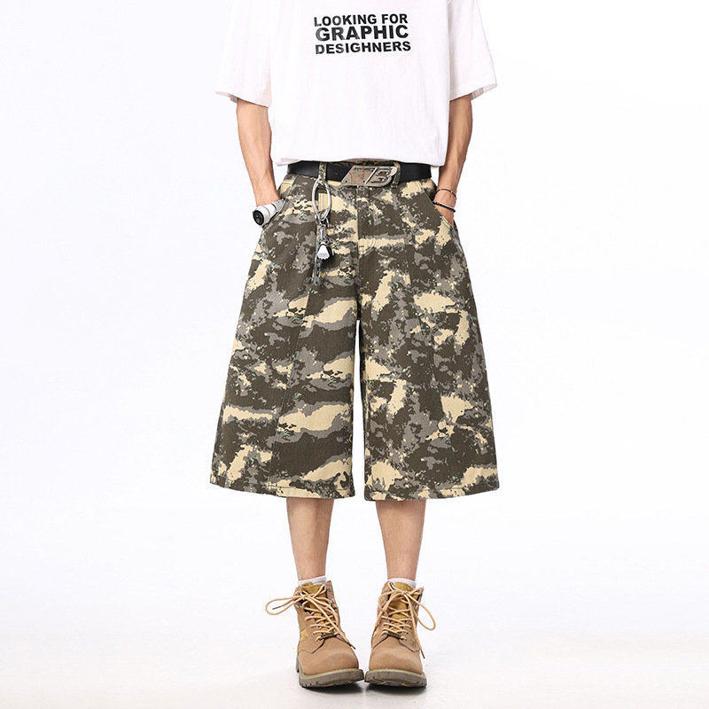 Traperice u američkom retro uličnom stilu s camo uzorkom drvosječe, unisex, cropped ravne hlače, srednji pojas, zatvarač