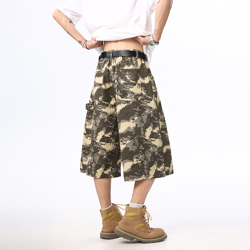 Traperice u američkom retro uličnom stilu s camo uzorkom drvosječe, unisex, cropped ravne hlače, srednji pojas, zatvarač