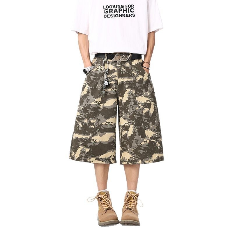 Traperice u američkom retro uličnom stilu s camo uzorkom drvosječe, unisex, cropped ravne hlače, srednji pojas, zatvarač
