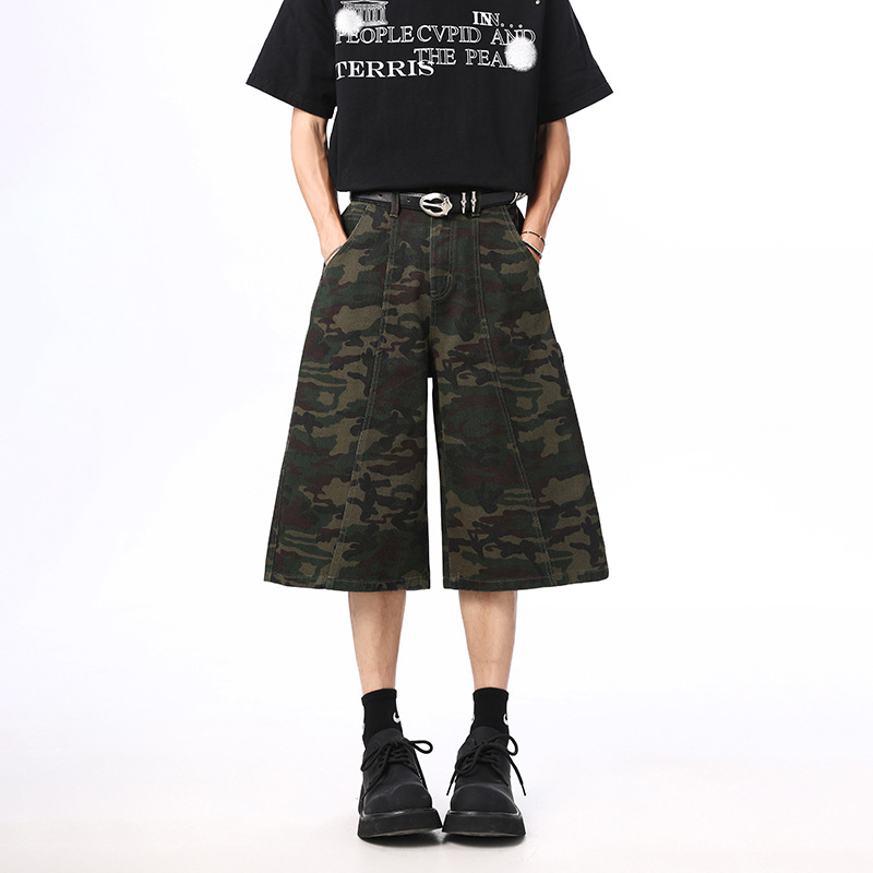 Traperice u američkom retro uličnom stilu s camo uzorkom drvosječe, unisex, cropped ravne hlače, srednji pojas, zatvarač