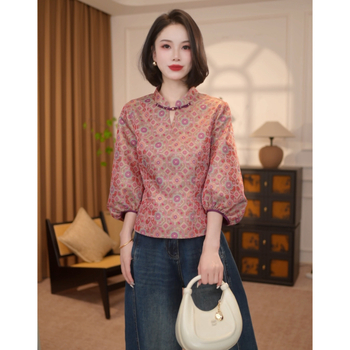 Najlon košulja s floralnim uzorkom, stojeći ovratnik, dugi rukavi, preko glave, jesen 2025