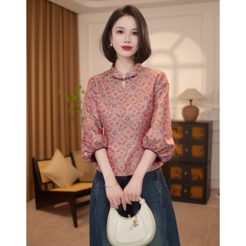 Najlon košulja s floralnim uzorkom, stojeći ovratnik, dugi rukavi, preko glave, jesen 2025