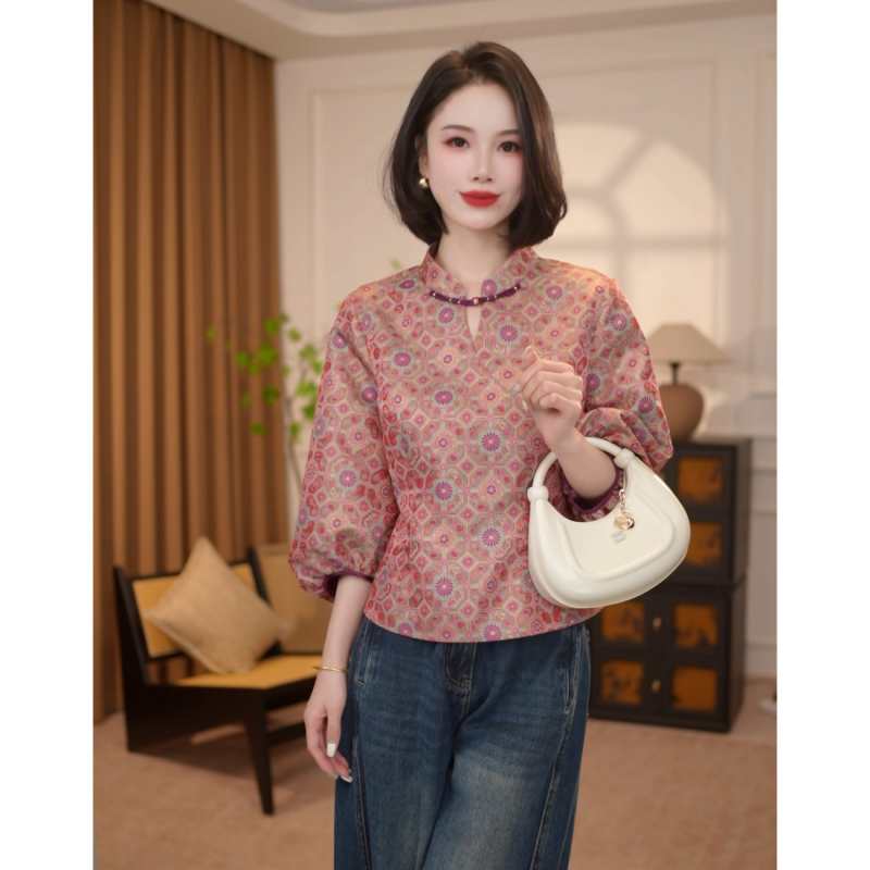 Najlon košulja s floralnim uzorkom, stojeći ovratnik, dugi rukavi, preko glave, jesen 2025