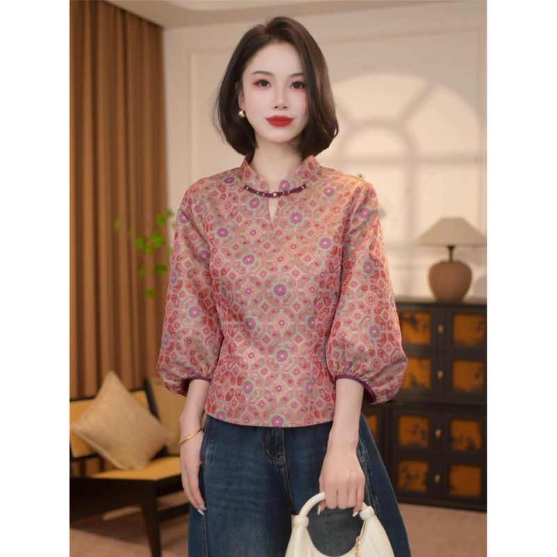 Najlon košulja s floralnim uzorkom, stojeći ovratnik, dugi rukavi, preko glave, jesen 2025