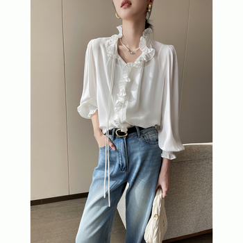 Košulja od poliestera, čipkasti ovratnik, dugi rukavi, širok kroj