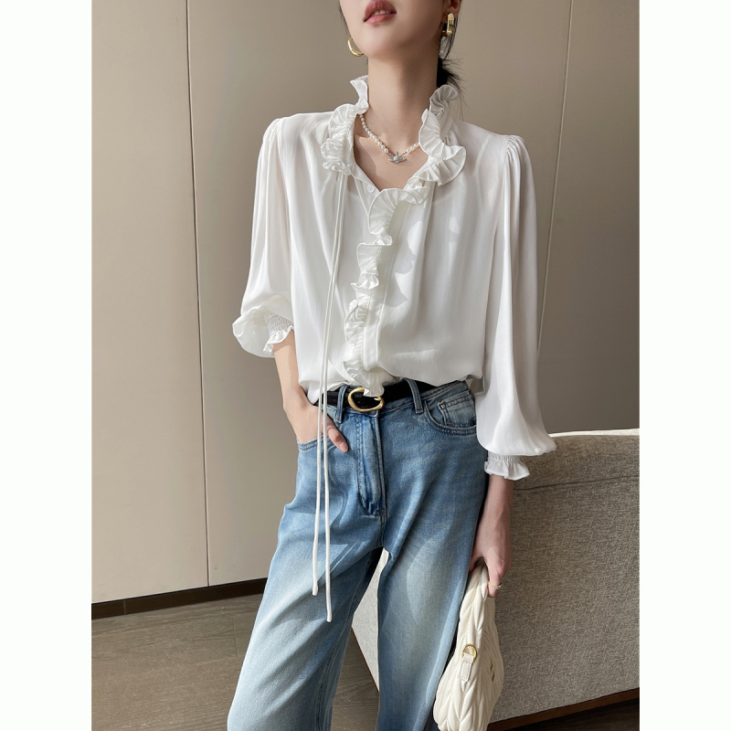 Košulja od poliestera, čipkasti ovratnik, dugi rukavi, širok kroj