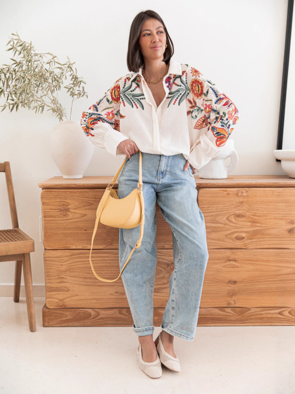 Košulja s dugim rukavima, široka silueta, poliester, cvjetni otisak, srednja duljina