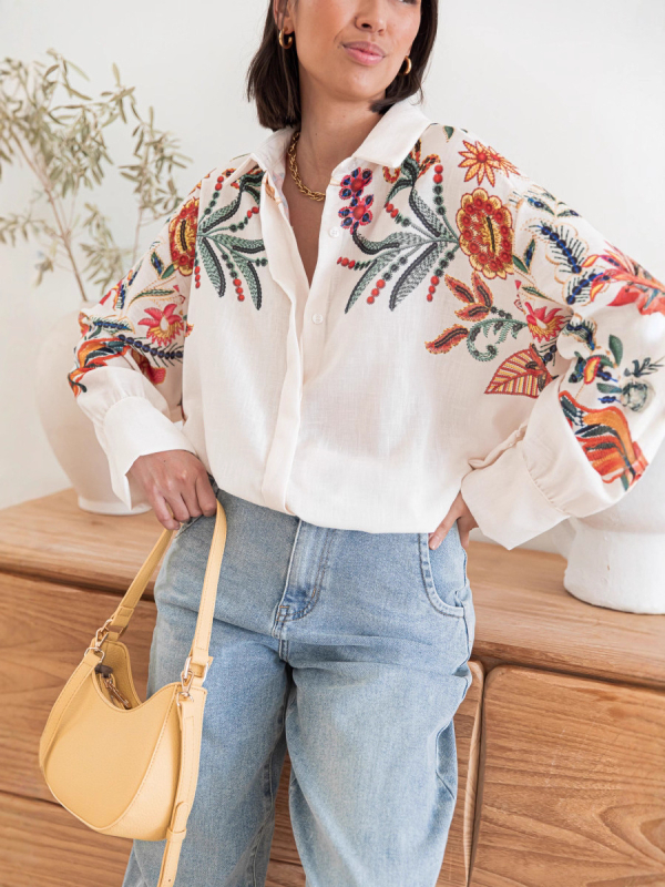 Košulja s dugim rukavima, široka silueta, poliester, cvjetni otisak, srednja duljina