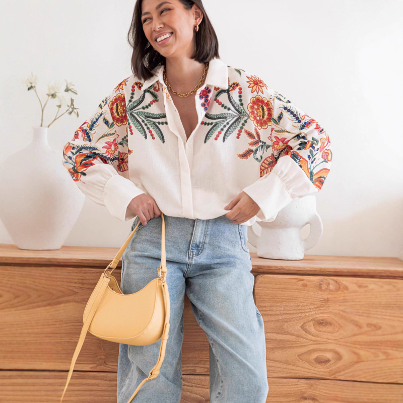 Košulja s dugim rukavima, široka silueta, poliester, cvjetni otisak, srednja duljina