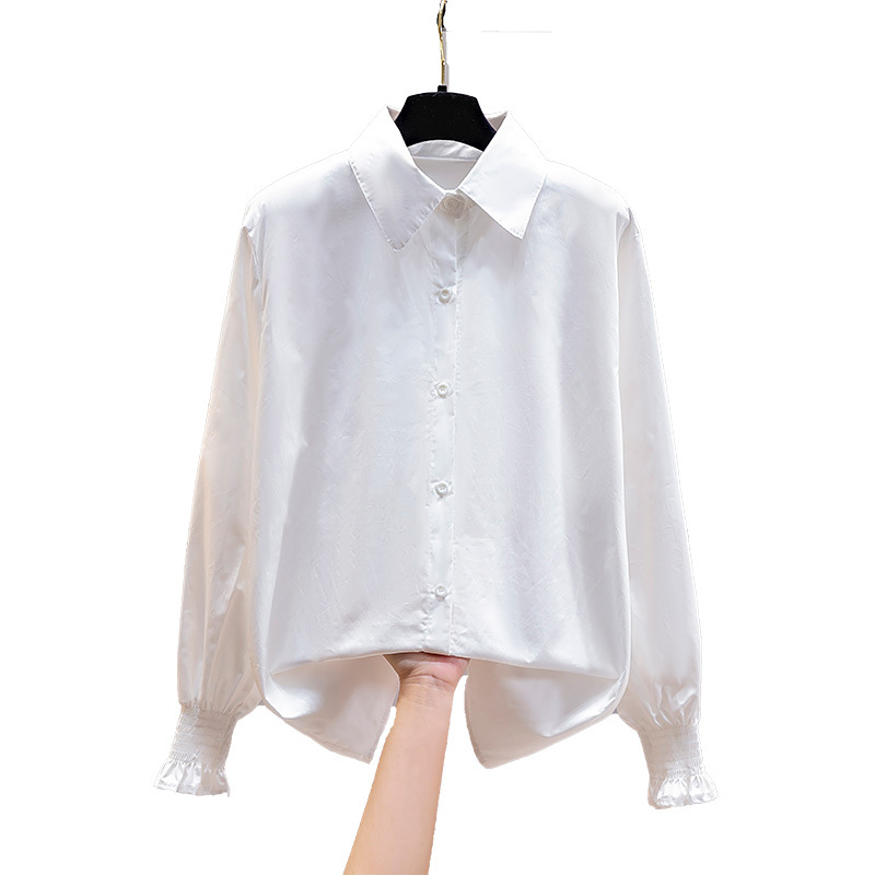 Ženska košulja s dugim rukavima, bijela, korejski stil, opušteni kroj, srednja duljina, ovratnik košulje, jednoredno kopčanje