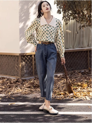 Košulja s polo ovratnikom, dugi lampasti rukavi, uzorak valovite točkice, detalji kolage, tkanina poliester-spandeks (≥95% poliester)