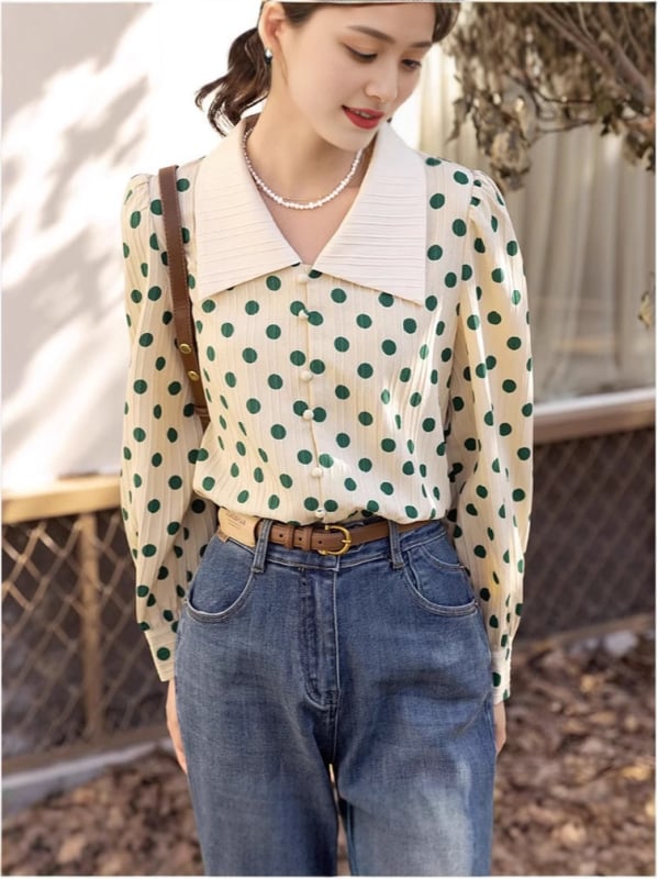 Košulja s polo ovratnikom, dugi lampasti rukavi, uzorak valovite točkice, detalji kolage, tkanina poliester-spandeks (≥95% poliester)