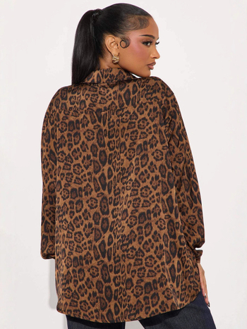 Ženska bluza s leopard printom od poliestera, slobodan kroj, dugi rukavi, jesen 2025