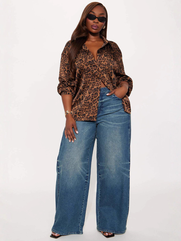 Ženska bluza s leopard printom od poliestera, slobodan kroj, dugi rukavi, jesen 2025