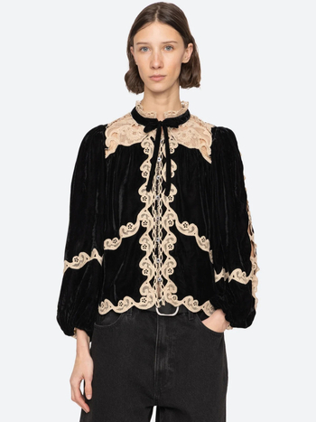 Košulja s geometrijskim uzorkom, čipkasti ovratnik, vez, dugi rukavi, labav kroj