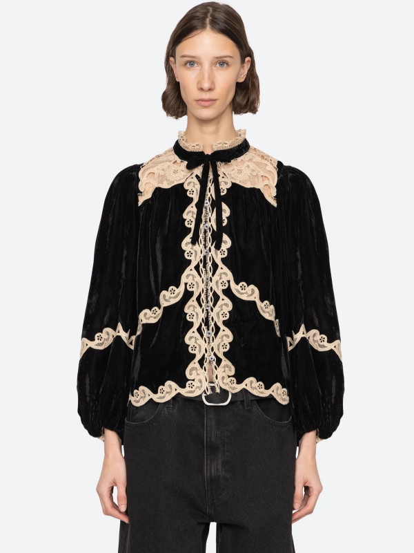 Košulja s geometrijskim uzorkom, čipkasti ovratnik, vez, dugi rukavi, labav kroj