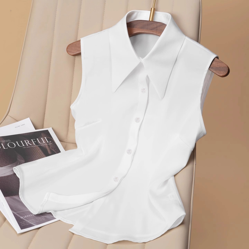 Ženska bez rukava košulja s velikim oštrim ovratnikom i lažnim ovratnikom za slojevito nošenje, elegantan uredski top