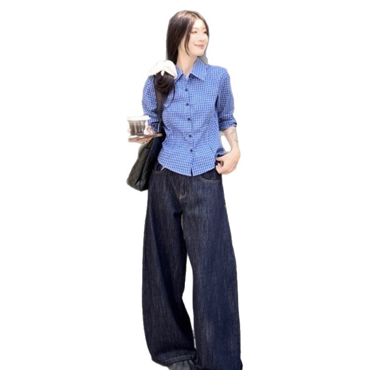 Női pólónyakú ing kockás mintával, karcsúsított szabás, hosszú ujjú, poliészter