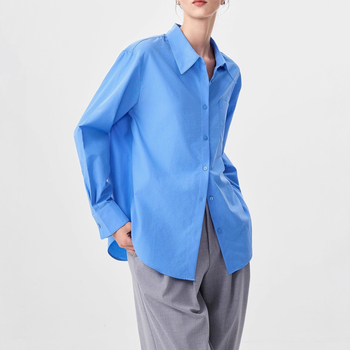 Košulа s dugim rukavima, polo ovratnik, jednobojna, Mercerizirana smjesa poliestera i triacetata, elegantan gradski stil