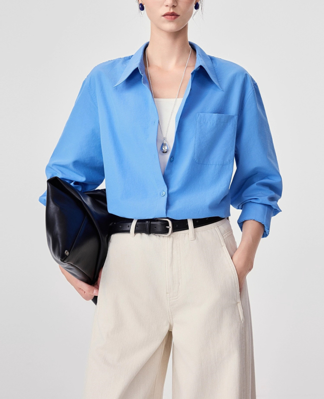 Košulа s dugim rukavima, polo ovratnik, jednobojna, Mercerizirana smjesa poliestera i triacetata, elegantan gradski stil