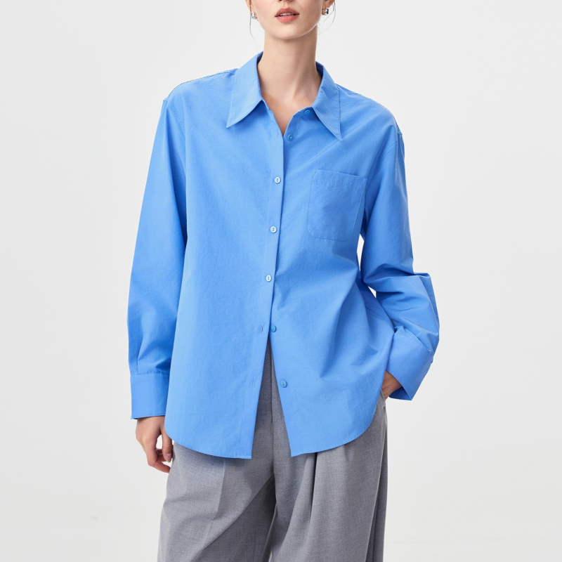 Košulа s dugim rukavima, polo ovratnik, jednobojna, Mercerizirana smjesa poliestera i triacetata, elegantan gradski stil