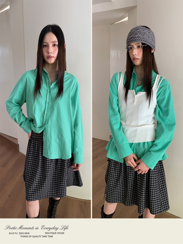 Košulja, osnovni korejski stil, 95% pamuk, dugi rukav, labav kroj (duljina 65–80 cm)