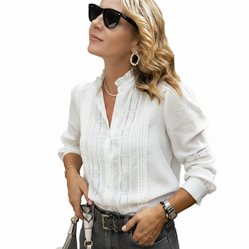 Košulja od viskoze s čipkastim detaljem, stojeći ovratnik, dugi rukavi, široki kroj