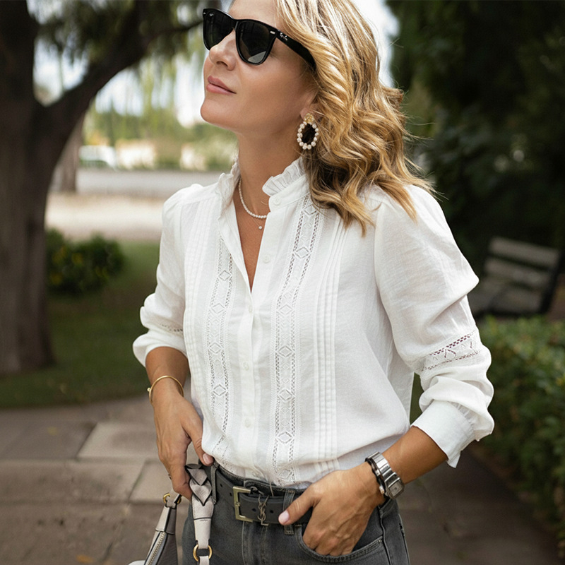 Košulja od viskoze s čipkastim detaljem, stojeći ovratnik, dugi rukavi, široki kroj
