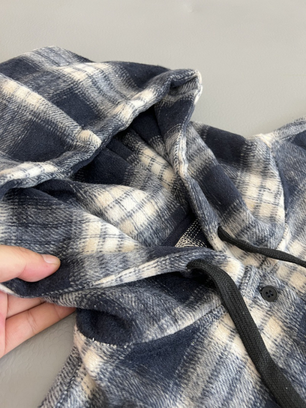 Ženska kapućasta košulja-jakna s poliesterom, slobodan kroj kardigan stila, prugasti/kockasti uzorak, dugi rukavi, srednja duljina