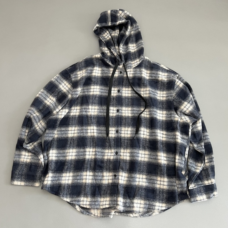 Ženska kapućasta košulja-jakna s poliesterom, slobodan kroj kardigan stila, prugasti/kockasti uzorak, dugi rukavi, srednja duljina