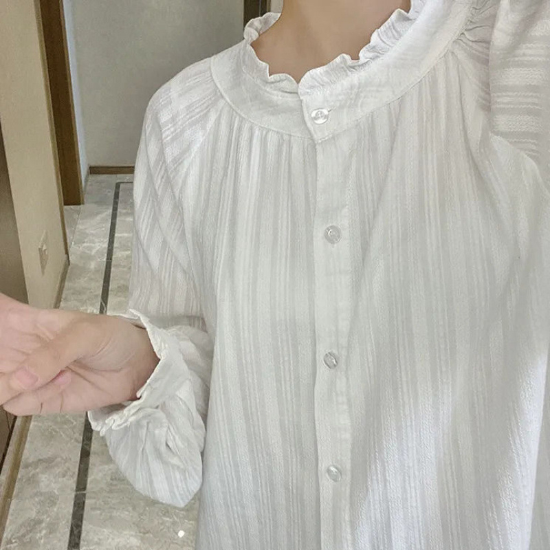 Košula s stojećim ovratnikom i volančićem uz rub, dugi rukavi, širok kroj, 90–95% pamuka, jesen-zima, japanski nadahnu retro casual