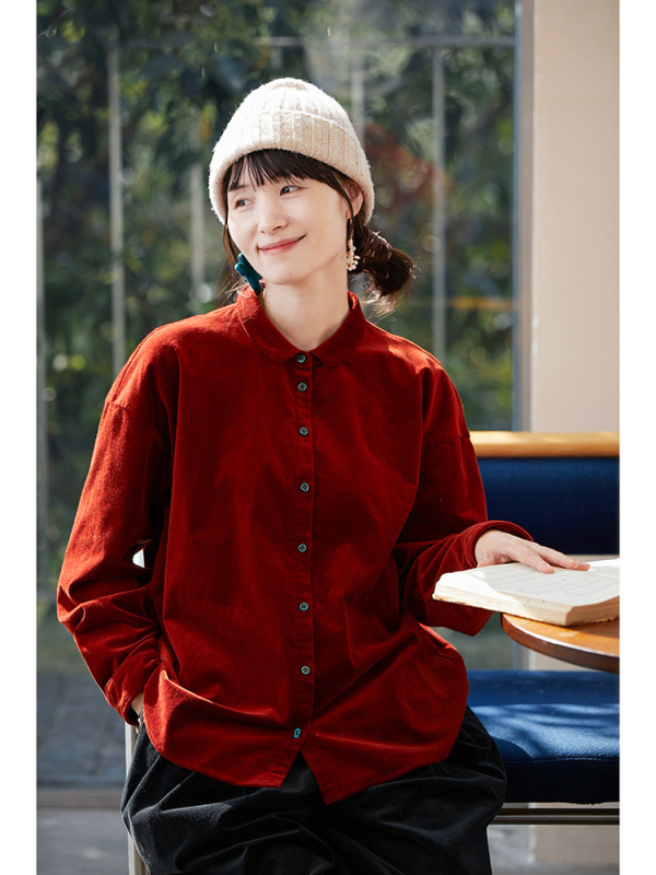 Женска риза от памук и еластан, свободна кройка, яка с лацкан, дълги ръкави, топла и приятна към кожата