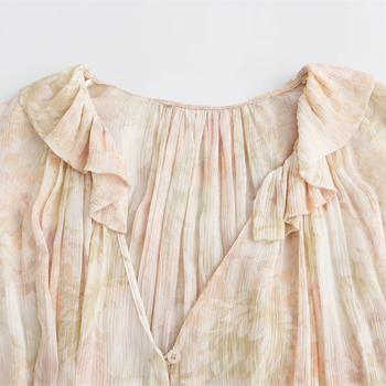 Bluza s floralnim printom, V-izrez, dugi rukavi, poliester, uski kroj