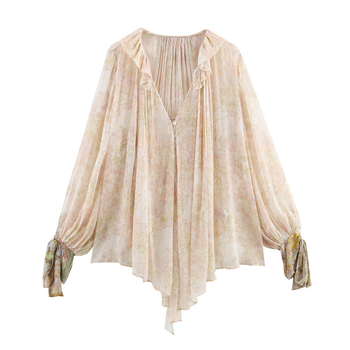 Bluza s floralnim printom, V-izrez, dugi rukavi, poliester, uski kroj