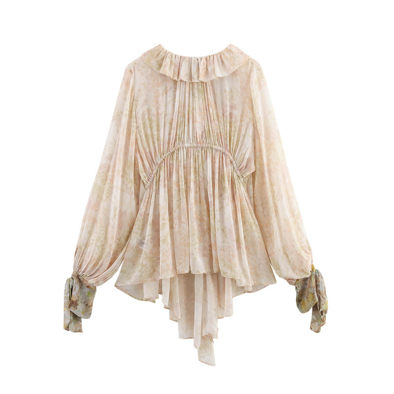 Bluza s floralnim printom, V-izrez, dugi rukavi, poliester, uski kroj