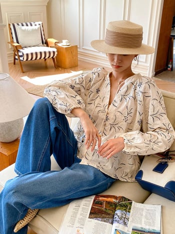 Pamukasta ženska košulja s dugim rukavima, vezeni cvjetni uzorak, V-izrez, francuski retro stil