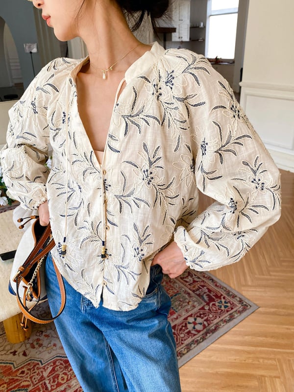 Pamukasta ženska košulja s dugim rukavima, vezeni cvjetni uzorak, V-izrez, francuski retro stil