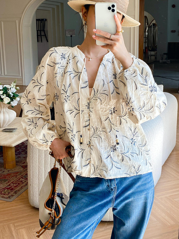 Pamukasta ženska košulja s dugim rukavima, vezeni cvjetni uzorak, V-izrez, francuski retro stil