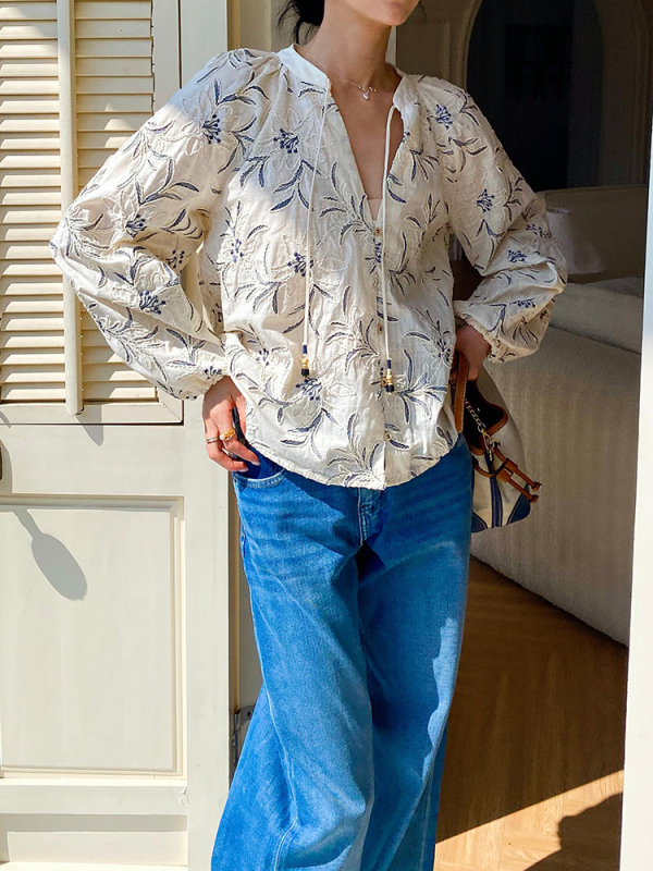 Pamukasta ženska košulja s dugim rukavima, vezeni cvjetni uzorak, V-izrez, francuski retro stil