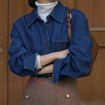 Cămașă din bumbac cu patchwork, colaj, mâneci lungi, guler lapel, croi lejer, nasturi pe un rând