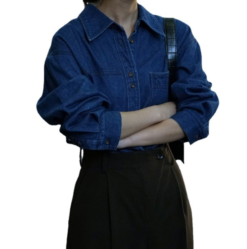 Cămașă din bumbac cu patchwork, colaj, mâneci lungi, guler lapel, croi lejer, nasturi pe un rând