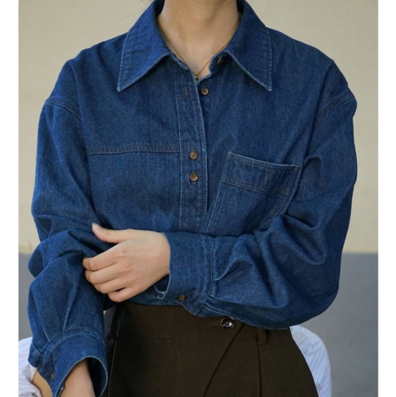 Cămașă din bumbac cu patchwork, colaj, mâneci lungi, guler lapel, croi lejer, nasturi pe un rând