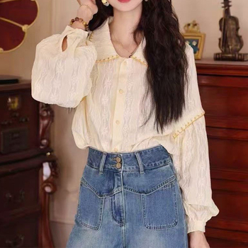 Cămașă pentru femei cu mâneci lungi, stil franțuzesc, material poliester, guler rever, lungime standardă 50–65 cm, stil cardigan Xiaoxiangfeng