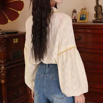 Cămașă pentru femei cu mâneci lungi, stil franțuzesc, material poliester, guler rever, lungime standardă 50–65 cm, stil cardigan Xiaoxiangfeng