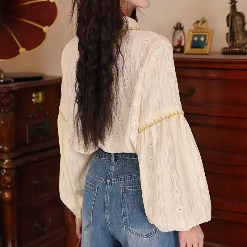 Cămașă pentru femei cu mâneci lungi, stil franțuzesc, material poliester, guler rever, lungime standardă 50–65 cm, stil cardigan Xiaoxiangfeng