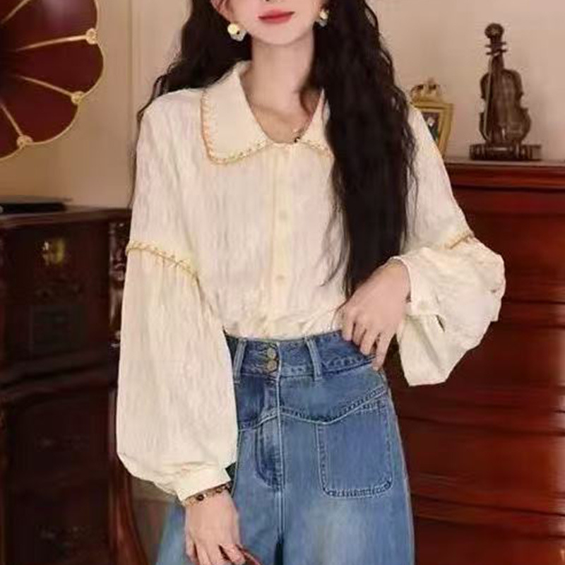 Cămașă pentru femei cu mâneci lungi, stil franțuzesc, material poliester, guler rever, lungime standardă 50–65 cm, stil cardigan Xiaoxiangfeng